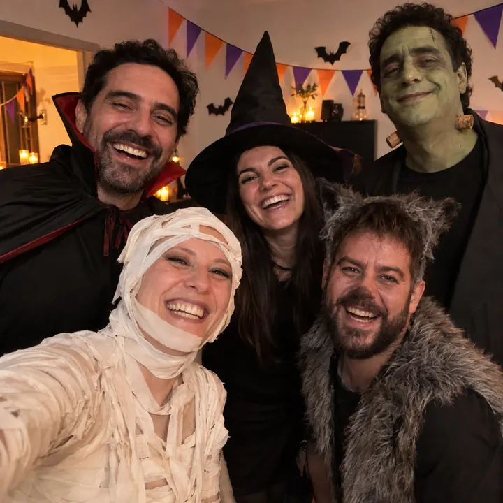 Amigos en una fiesta de Halloween en casa con disfraces caseros de momia, vampiro, bruja, lobizón y monstruo